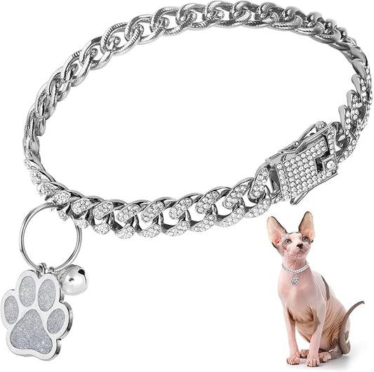 Hillban Cat Collar Diamond Chain Glitter Collar Walking Metal by Hillban