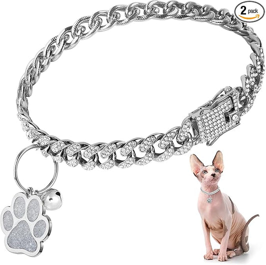 Hillban Cat Collar Diamond Chain Glitter Collar Walking Metal by Hillban