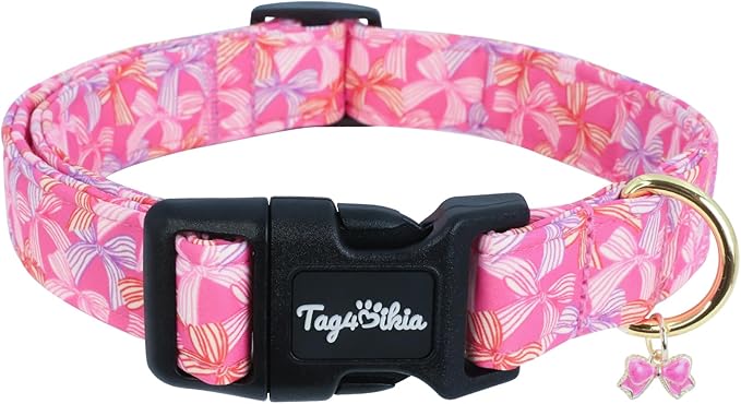 Cute Hot Pink Dog Collar with Bow Print, Spring Summer Puppy Collar with by Unknown