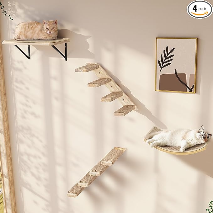 Wall Mounted Cat Shelves Stairs Set, 4 Piece Wood Cats Wall Furniture by PELUOMOZ
