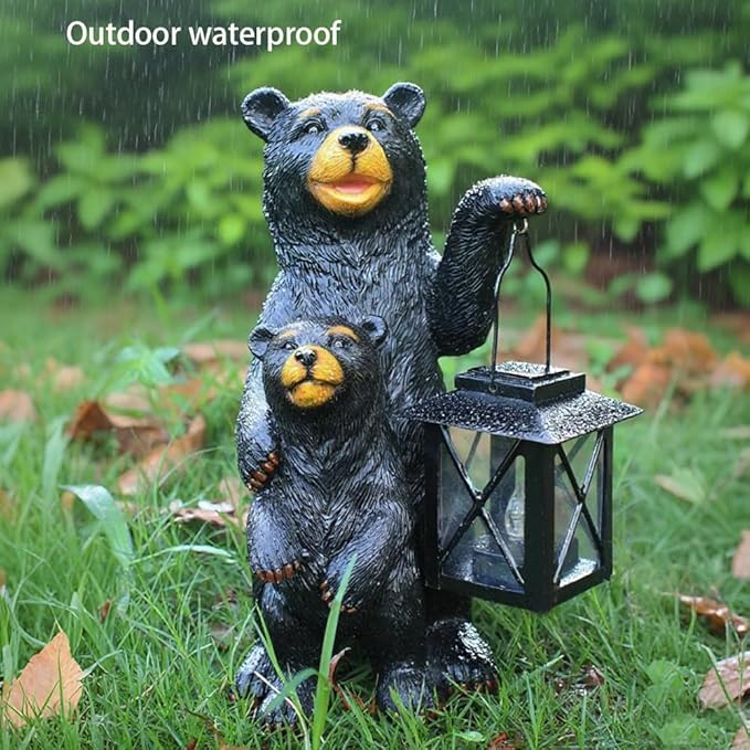 Black Bear Garden Statue with Solar Lantern, Bear Figurine Lights - Image 5