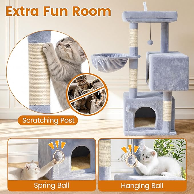 Cat Tree Tower with Scratching Post Hammock, 2 Condos Short Corner Climbing - Image 7