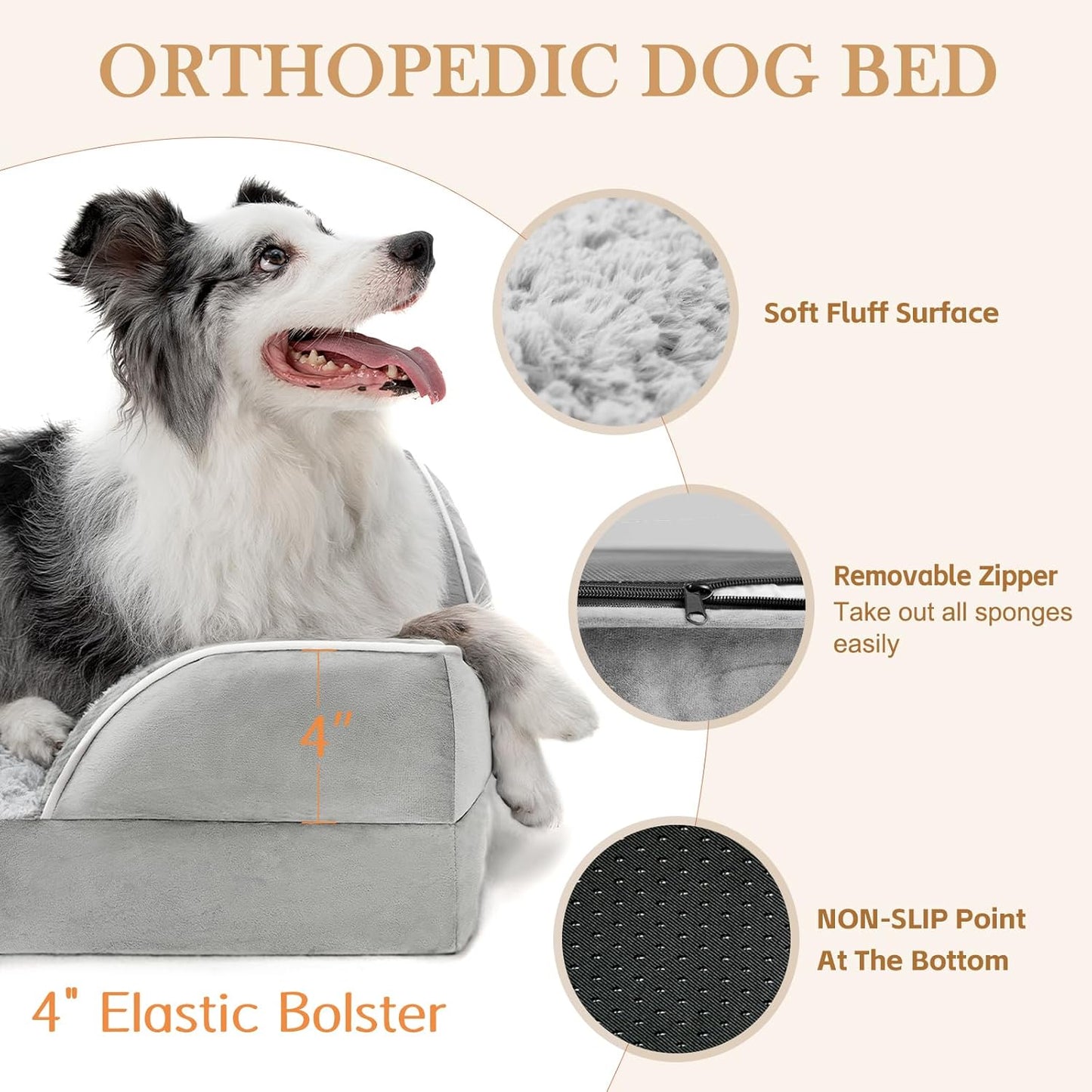 Comfort Expression Medium Dog Beds Waterproof Orthopedic Foam Dog Sofa Beds for Medium Large Dogs Comfy Pet Bed with Washable Removable Cover & Non-Slip Bottom(Medium,Grey White)