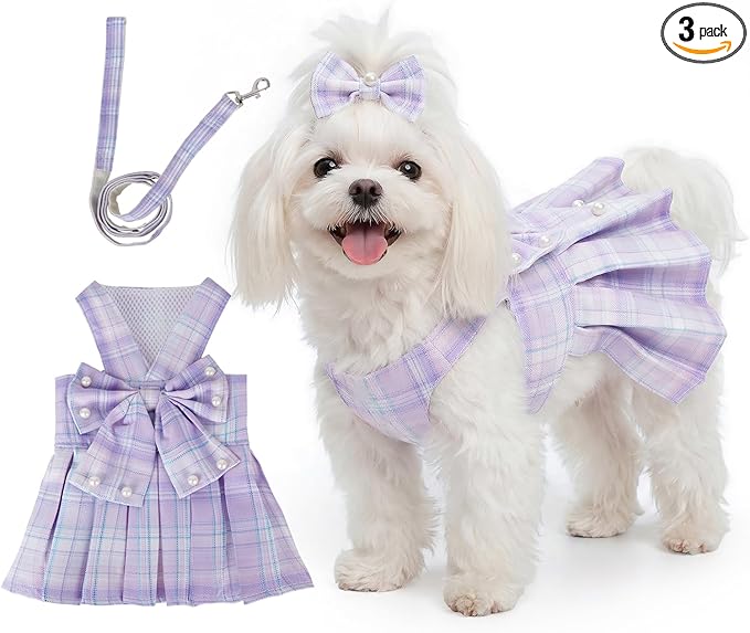 Cute Plaid Dog Dress Clothes for Small Dogs Cats Girl Purple Plaid Dog Dress by Yymobt