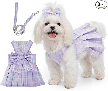 Cute Plaid Dog Dress Clothes for Small Dogs Cats Girl Purple Plaid Dog Dress by Yymobt
