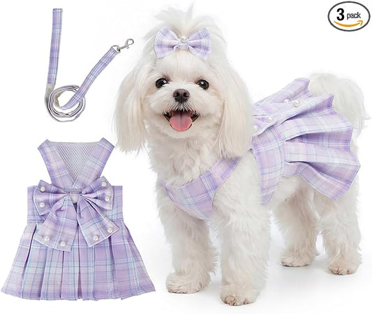 Cute Plaid Dog Dress Clothes for Small Dogs Cats Girl Purple Plaid Dog Dress by Yymobt
