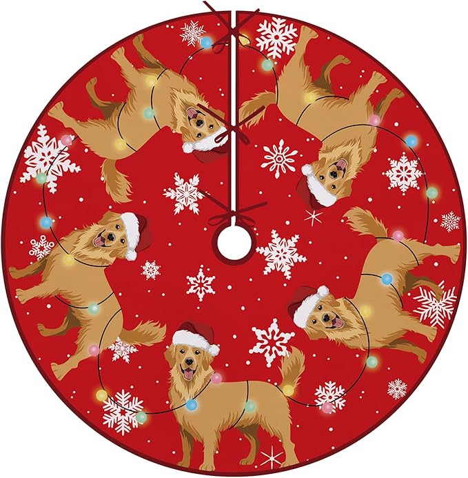 Golden Retriever Dog Red Christmas Tree Skirt, 48 Inches Lace-up Snowflake Xmas by Fzbali