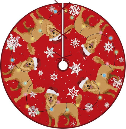 Golden Retriever Dog Red Christmas Tree Skirt, 48 Inches Lace-up Snowflake Xmas by Fzbali