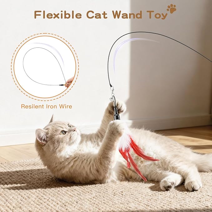 Pawaboo Feather Teaser Cat Toy, Interactive Wands Cats Toy Flying Feathers Cat - Image 3