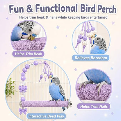 Bird Parrot Perch with Beads and Bow Chew Toy, Cage Platform Toy and Exercise - Image 2