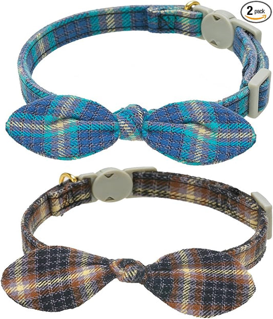 Cotton Bowtie Cat Collar with Bell 2 Pack Plaid Breakaway Kitten Collars with by YUDOTE