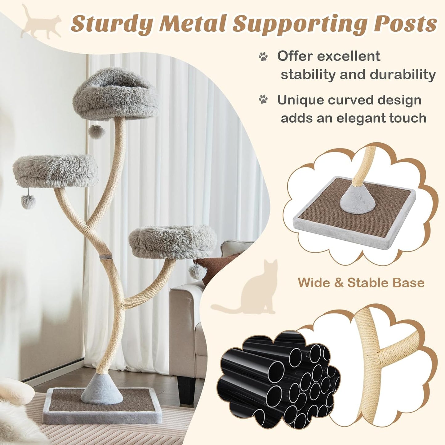 PETSITE 70" Tall Cat Tree, Cat Tower with Scratching Posts and Board, Multi-Level Cat Tower for Large Cats 20 lbs+ with 3 Cozy Perches and Dangling Balls, Modern Cat Tree for Indoor Cats Large Adult