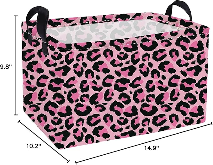 Essme Rectangular Baskets, Leopard Print Box, Cute Storage Bin（Pink leopard - Image 2