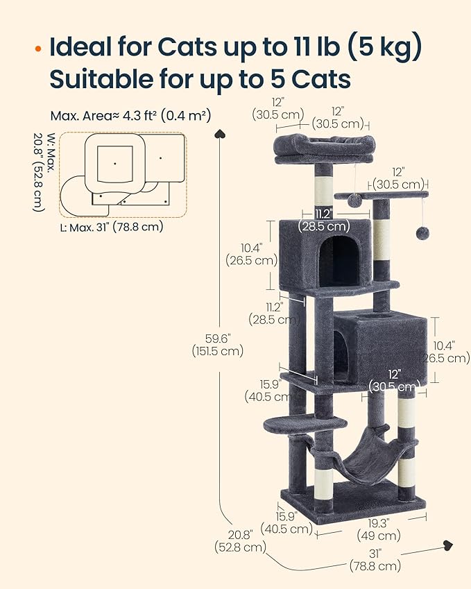 SONGMICS HOME Cat Tree for Indoor Cats, Hammock and Condo, Dark Gray - Image 6