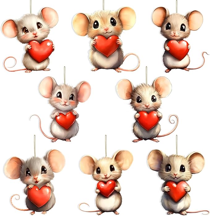 8 Pcs Cute Mouse Holding a Red Heart Ornaments by NSSHEL