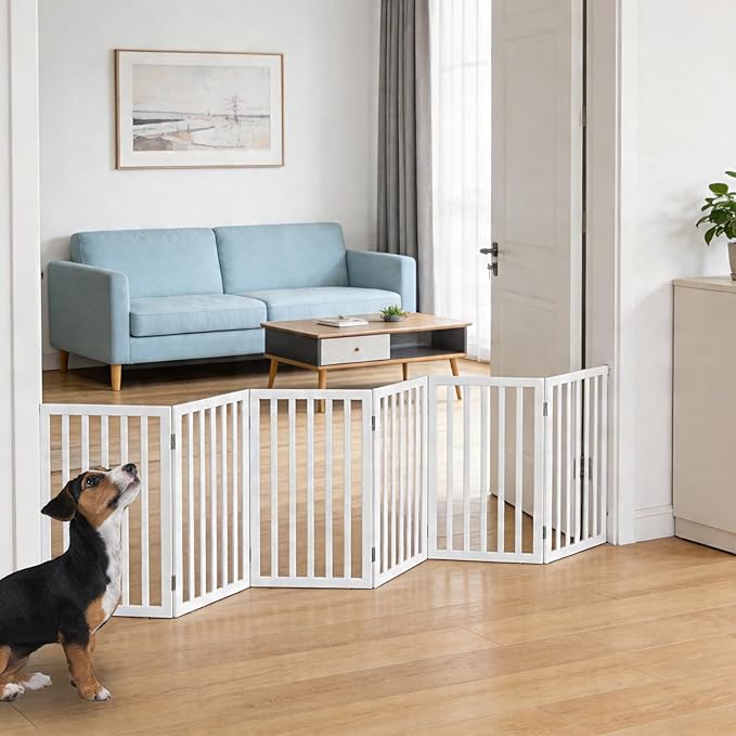 Foldable Indoor Dog Gate for The House Freestanding Stairs Nature Wooden White by SFJC