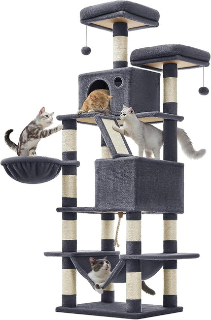 Feandrea Cat Tree, 66.1-Inch Large Cat Tower, 2 Perches, 2 Caves, Smoky Gray by FeandreabySONGMICSHOME