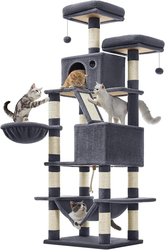 Feandrea Cat Tree, 66.1-Inch Large Cat Tower, 2 Perches, 2 Caves, Smoky Gray by FeandreabySONGMICSHOME