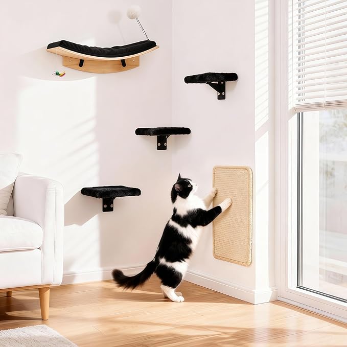 Wooden Cat Wall Shelves and Perches, 5 Piece Wall Mounted Cat Furniture System - Image 3