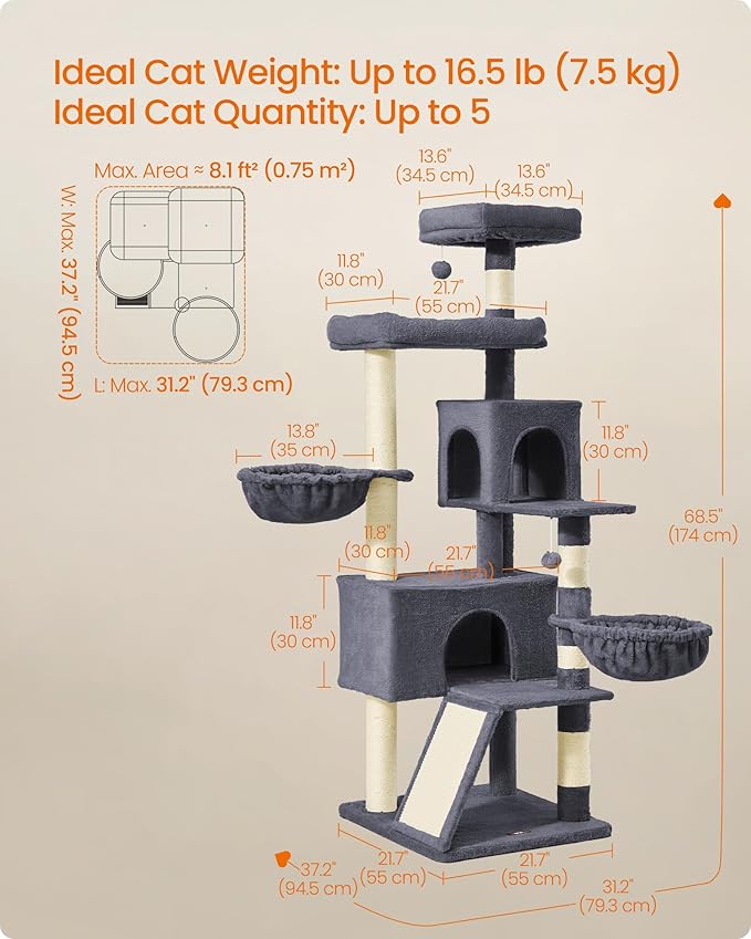 Feandrea Cat Tree, 68.5-Inch Tall Cat Tower, Scratching Posts, Double Caves - Image 5