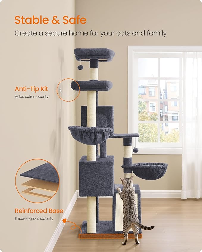 Feandrea Cat Tree, 68.5-Inch Tall Cat Tower, Scratching Posts, Double Caves - Image 6