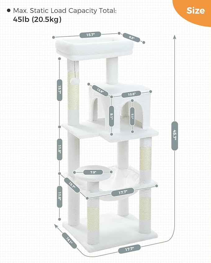 MUTTROS White Cat Tree for Indoor Cats, 45.7" Multi-Level Cat Tower - Image 7