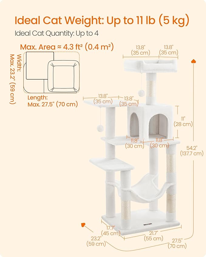 Feandrea Cat Tree, 54.2-Inch Cat Tower, Plush Multi-Level Condo - Image 5