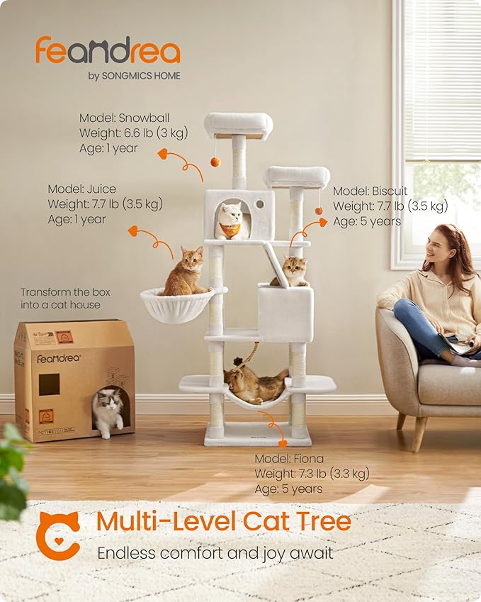 Feandrea Cat Tree, 66.1-Inch Large Cat Tower, 2 Perches, 2 Caves, Cream White - Image 2