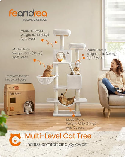 Feandrea Cat Tree, 66.1-Inch Large Cat Tower, 2 Perches, 2 Caves, Cream White - Image 2