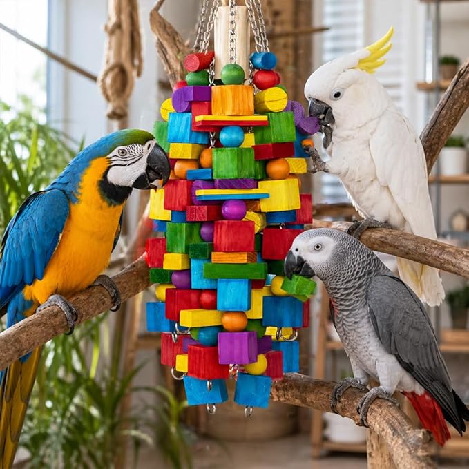 Large Bird Toy, 20 in XL Parrot Toys Natural Wood Blocks Bird Chew Toy - Image 6