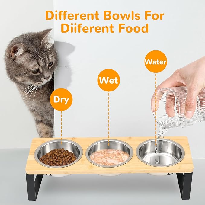 Elevated Cat Bowls with 3 Stainless Steel, 15° Tilted Raised Cat Bowl Set - Image 3