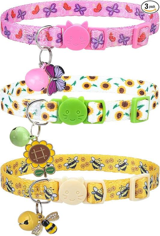 Breakaway Cat Collars with Bell & Cute Pendants, 3 Pack Safety Buckle Kitten by VKPETFR