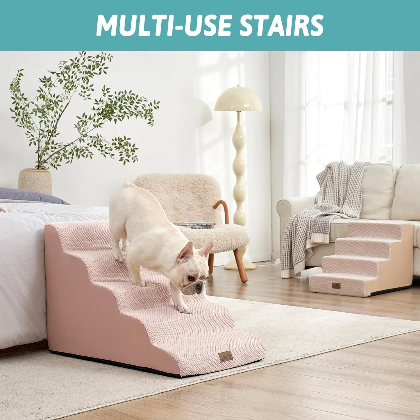 Wide Dog Stairs 19.7" Width, Pet Step for Small/Medium/Large Dog, Puppy or Cat, Pet Ramp for High Bed or Car, High Density Foam Ladder, 19.7x33x22.4 in, Stable, 5 Step, Pink