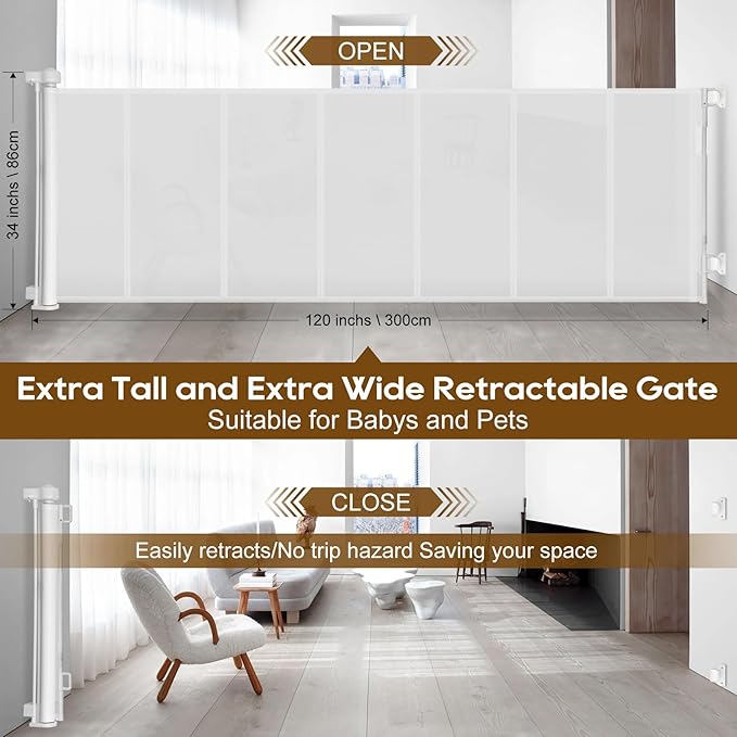 Miumoon 120 inch Retractable Baby Gates 34 inch Tall, Retractable Gate - Image 4