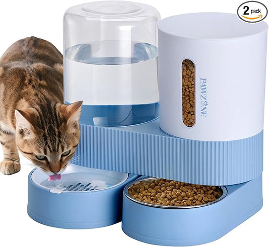2 Pack Automatic Cat Feeder Stainless Steel Water Dispenser Gravity Food Feeder by Pawzone