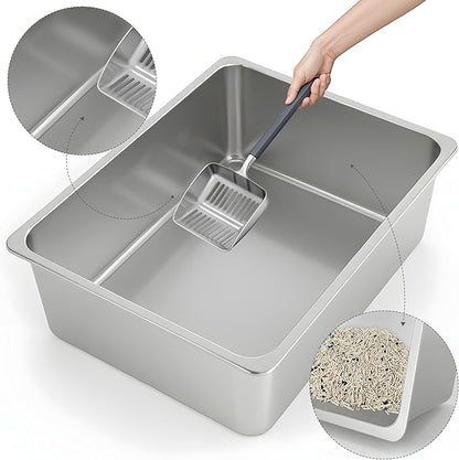 Kirecoo Stainless Steel Cat Litter Box, Small Metal High Sided Cat Pan Box - Image 3