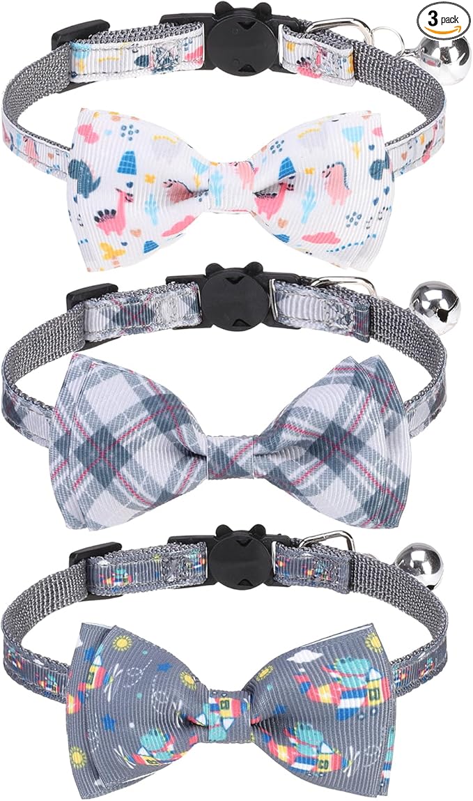Breakaway Cat Collar with Removable Bow Tie and Bell, Cute Multi-Style Patterns by VKPETFR
