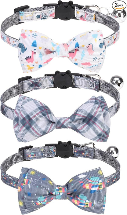 Breakaway Cat Collar with Removable Bow Tie and Bell, Cute Multi-Style Patterns by VKPETFR