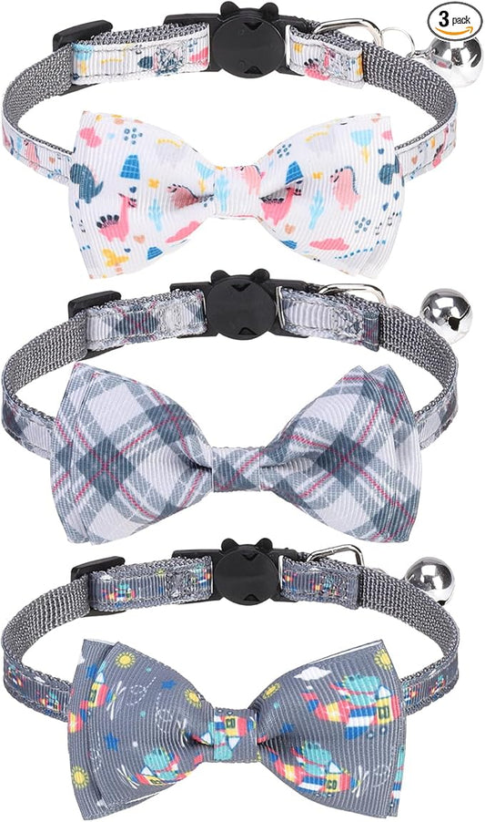 Breakaway Cat Collar with Removable Bow Tie and Bell, Cute Multi-Style Patterns by VKPETFR
