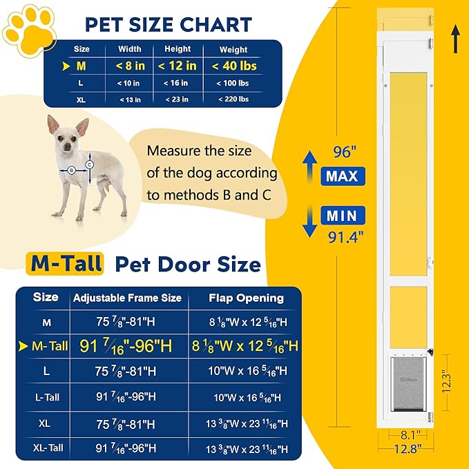 Medium Dog Door for Sliding Glass Doors, 91 7/16" to 96" Tall, 12.8" Wide - Image 2
