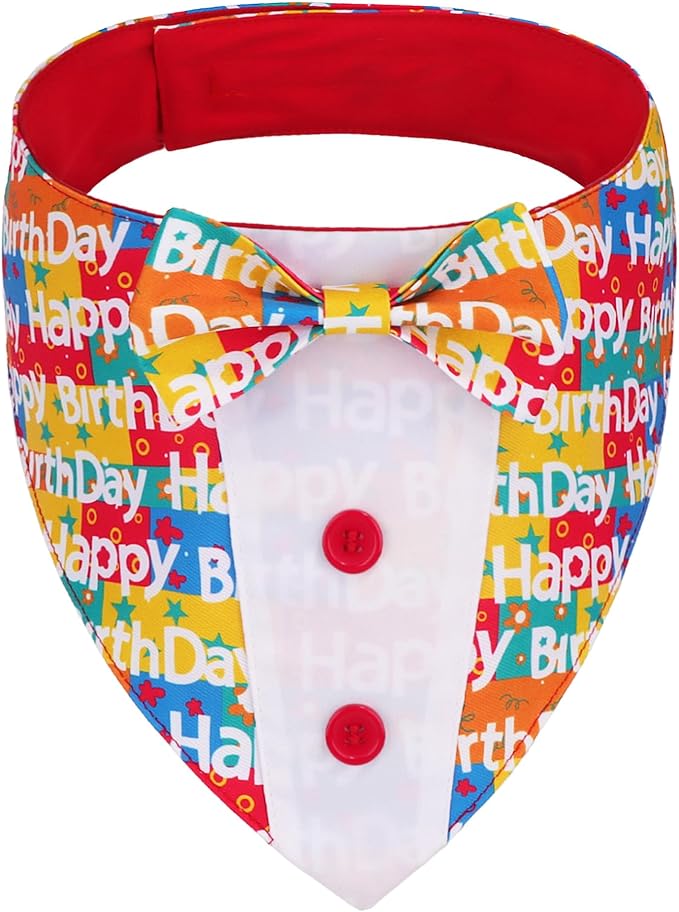 ADOGGYGO Birthday Dog Tuxedo, Adjustable Happy Birthday Print Pet Bowtie Collar by ADOGGYGO