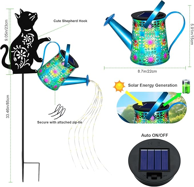 Black Cat Solar Watering Can Lights, Birthday Gifts - Image 2
