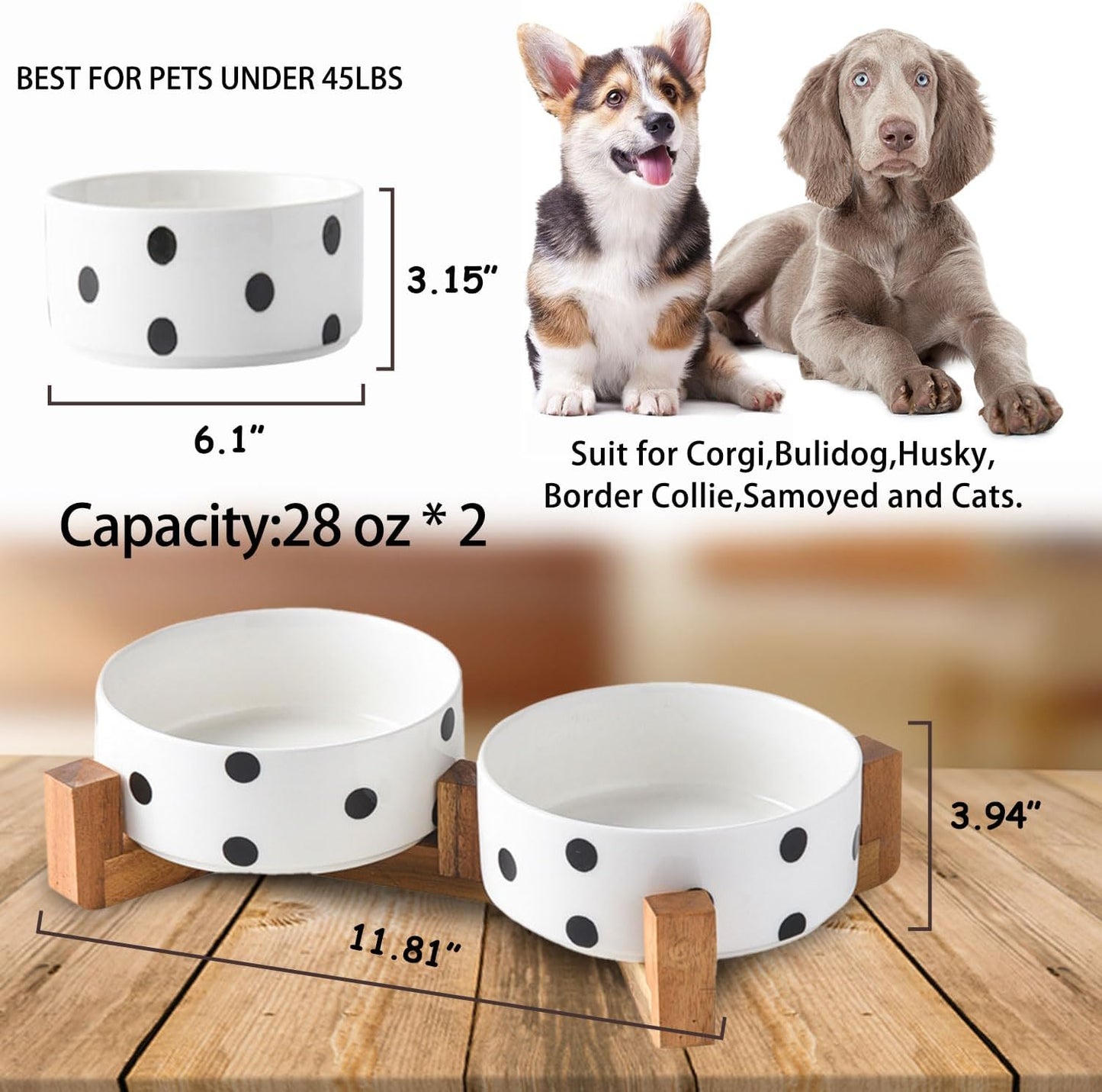 Petygooing Dog Bowls Ceramic, Cat Dog Bowl Set with Wood Stand for Food and Water,Non-Slip Cute Modern Pet Dishes for Cats Medium Size Dogs (28OZ/6.1 in) Black Dot
