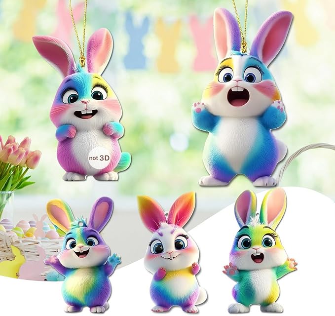 5 Pcs Bunny Easter Ornament 2D Flat Acrylic Rabbit Pendant Hanging Decor by NSSHEL