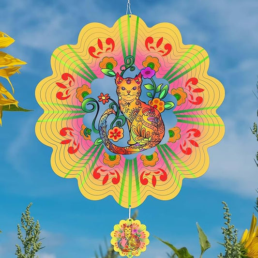 Cat Wind Spinners for Yard and Garden, 12 Inch 3D Stainless Steel Hanging by WindMage