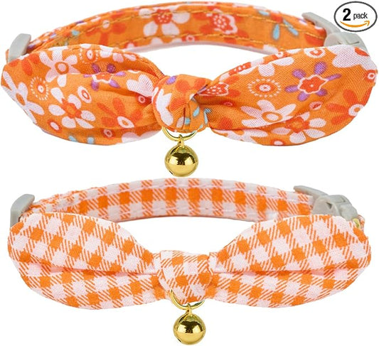 Bowtie Cat Collar with Bell 2 Pack Cotton Breakaway Kitten Collars with by YUDOTE