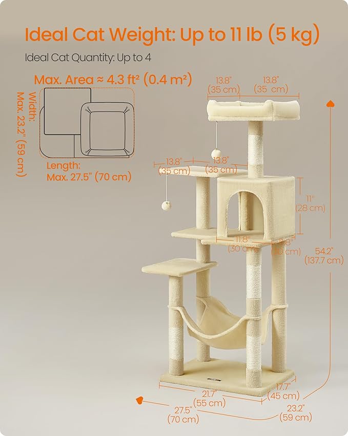 Feandrea Cat Tree, 54.2-Inch Cat Tower, Plush Multi-Level Condo - Image 5