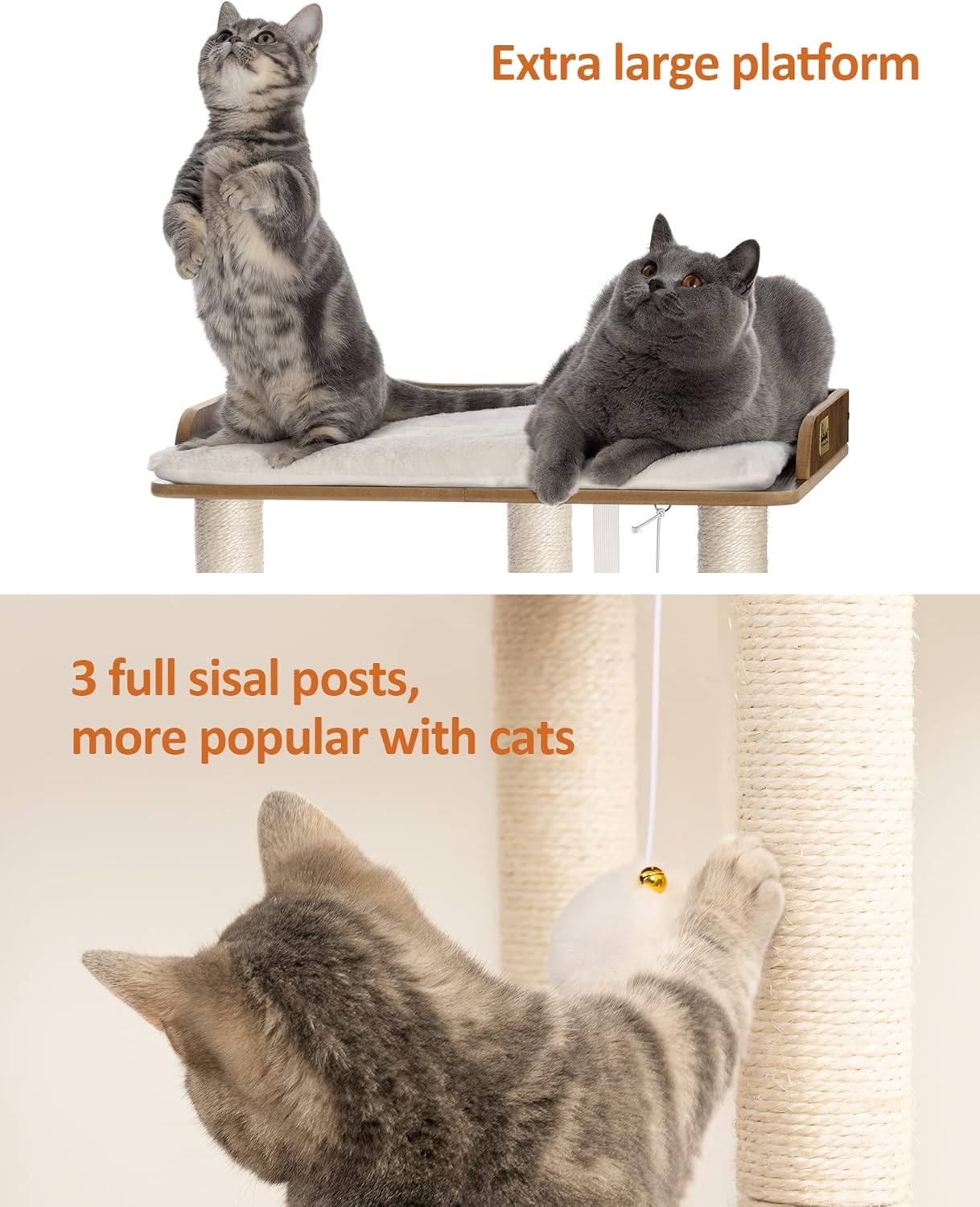FourFurPets 26.7in Large Cat Tree Tower Condo, Cat Scratch Posts for Indoor Cats, Big Plate, Three 23.6in Full Sisal Scratching Posts, Rustic Brown