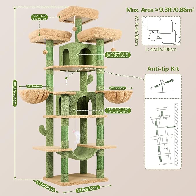 Globlazer Big Cactus Cat Tower for Indoor Cats, 80inch Cat Tower for Multiple - Image 6