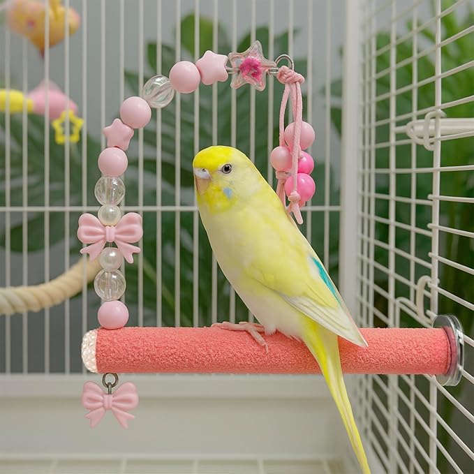 Bird Parrot Perch with Beads and Bow Chew Toy, Cage Platform Toy and Exercise - Image 5